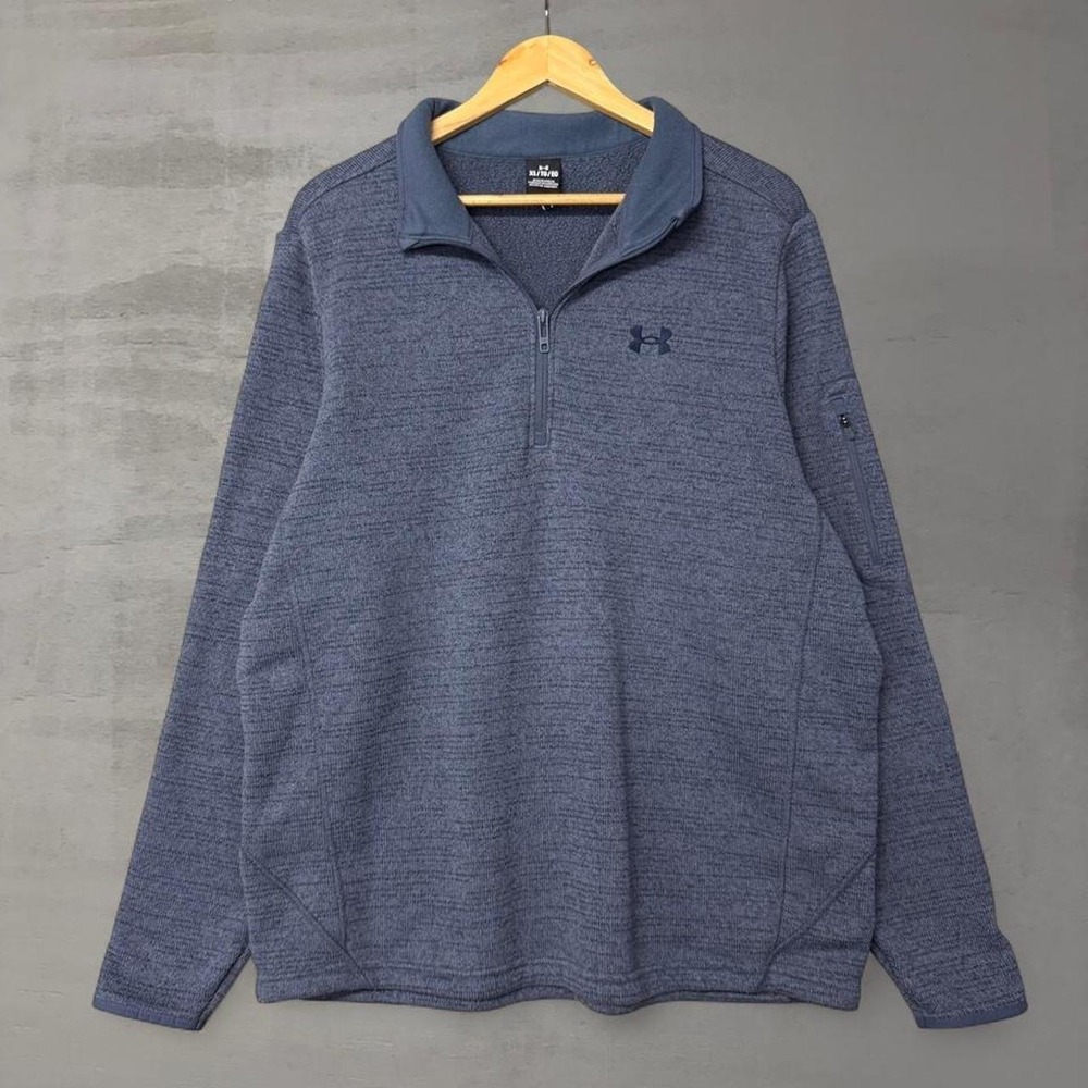 Under Armour Quarter Zip Pullover Blue Heathered Fleece Bicep Pocket XL